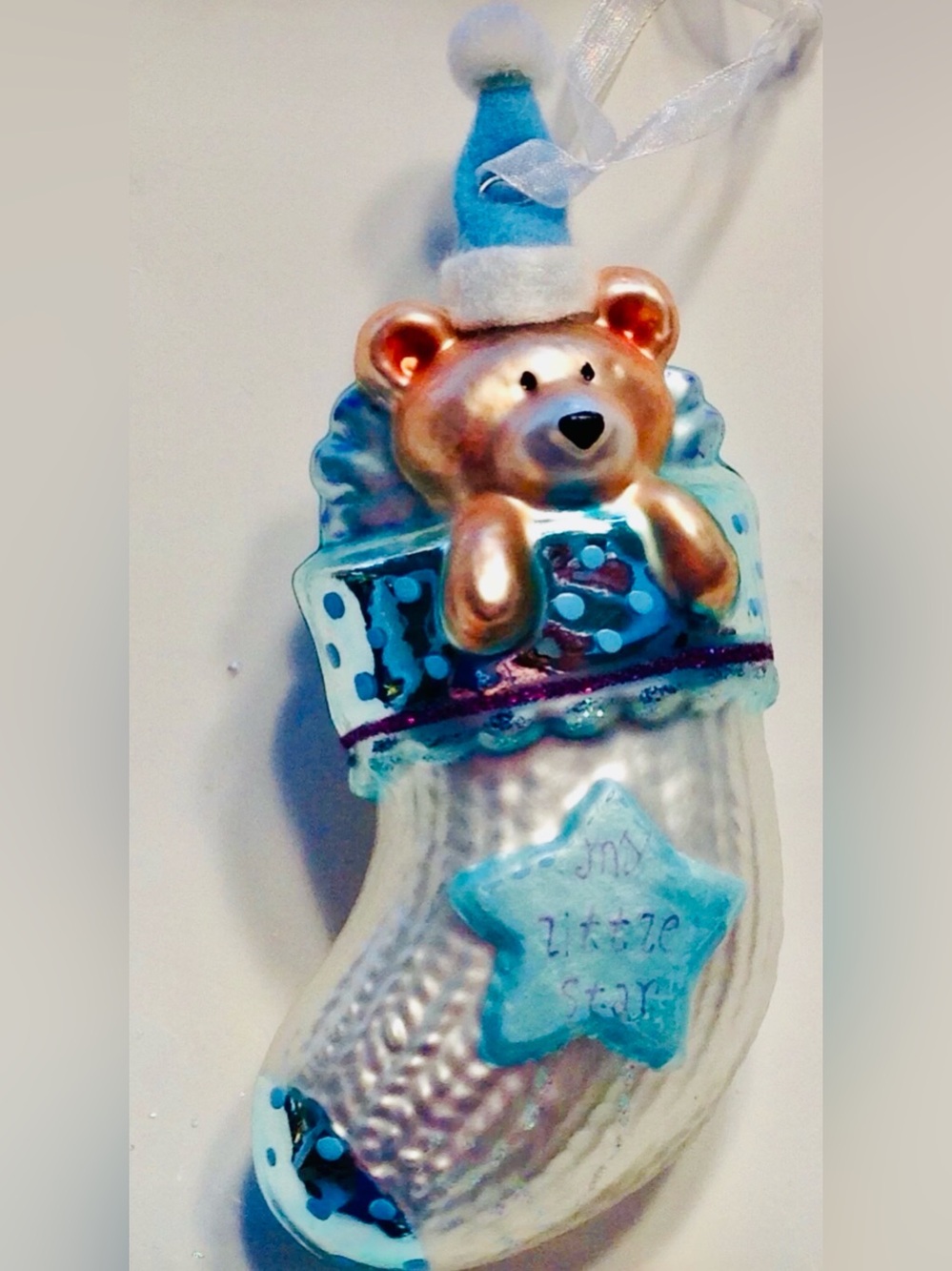 Christmas Ornament Glass Baby Boy Teddy Bear Stocking